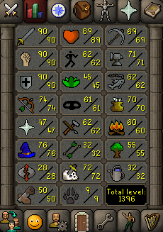 OSRS Account with 1396 Total, 205 QP, 90 Att, 90 Str, 90 Def, 74 Ranged, 76 magic, 72 Slayer