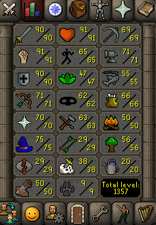 OSRS Account with 1357 Total, 205 QP, 90 Att, 91 Str, 90 Def, 71 Ranged, 70 prayer, 75 magic, 65 Agility